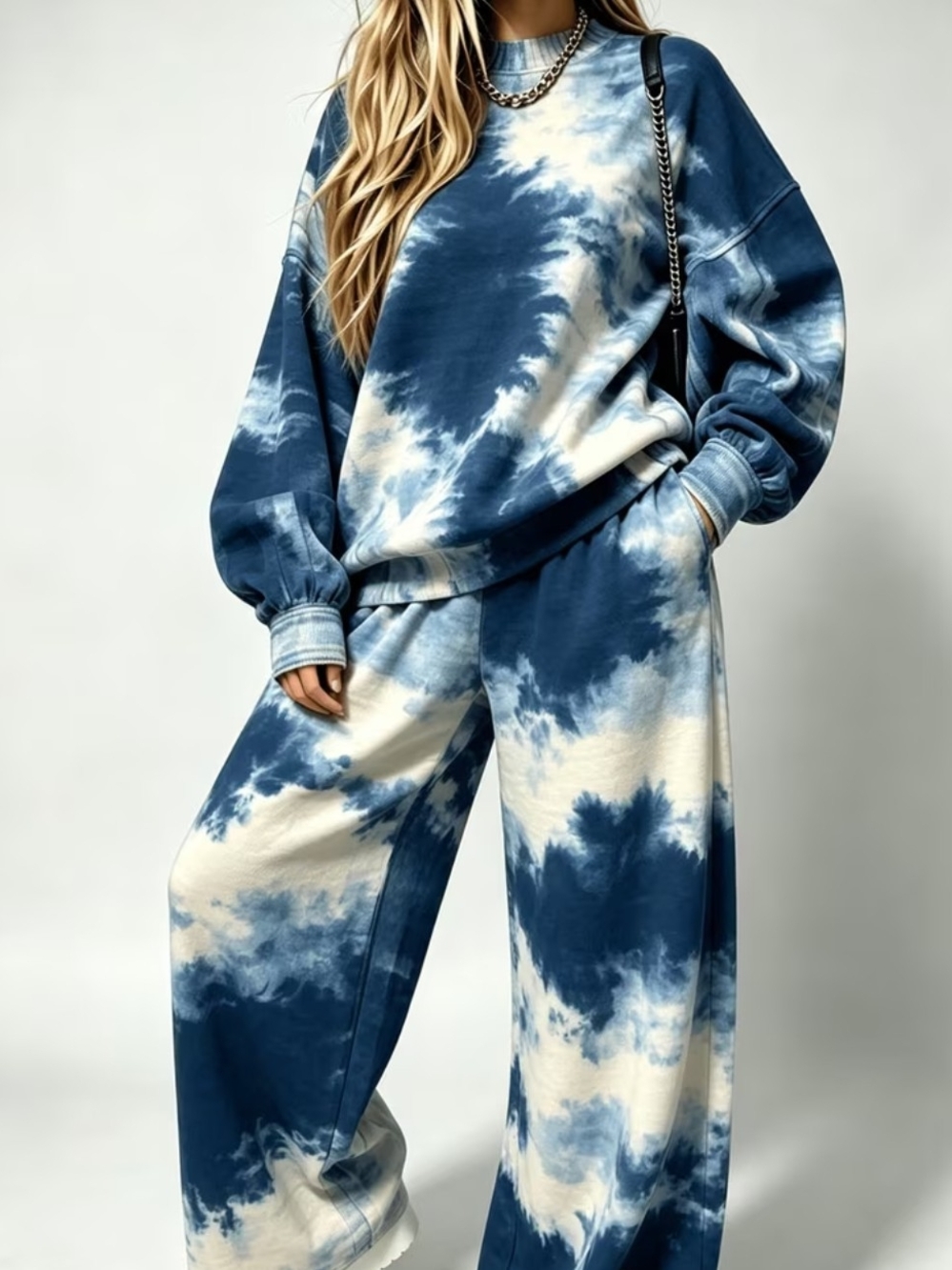 Blue Tie-Dye Wide Leg Sweatpants and Sweatshirt Set